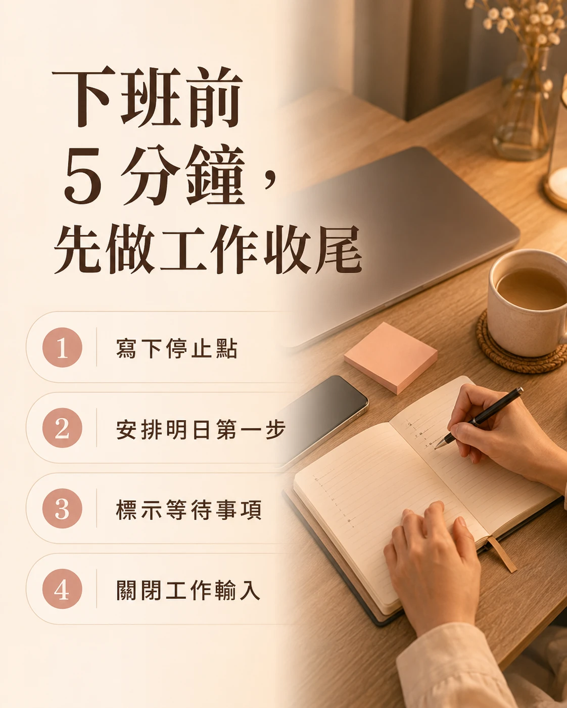 下班前五到十分鐘記錄停止點與明日第一步的工作收尾清單