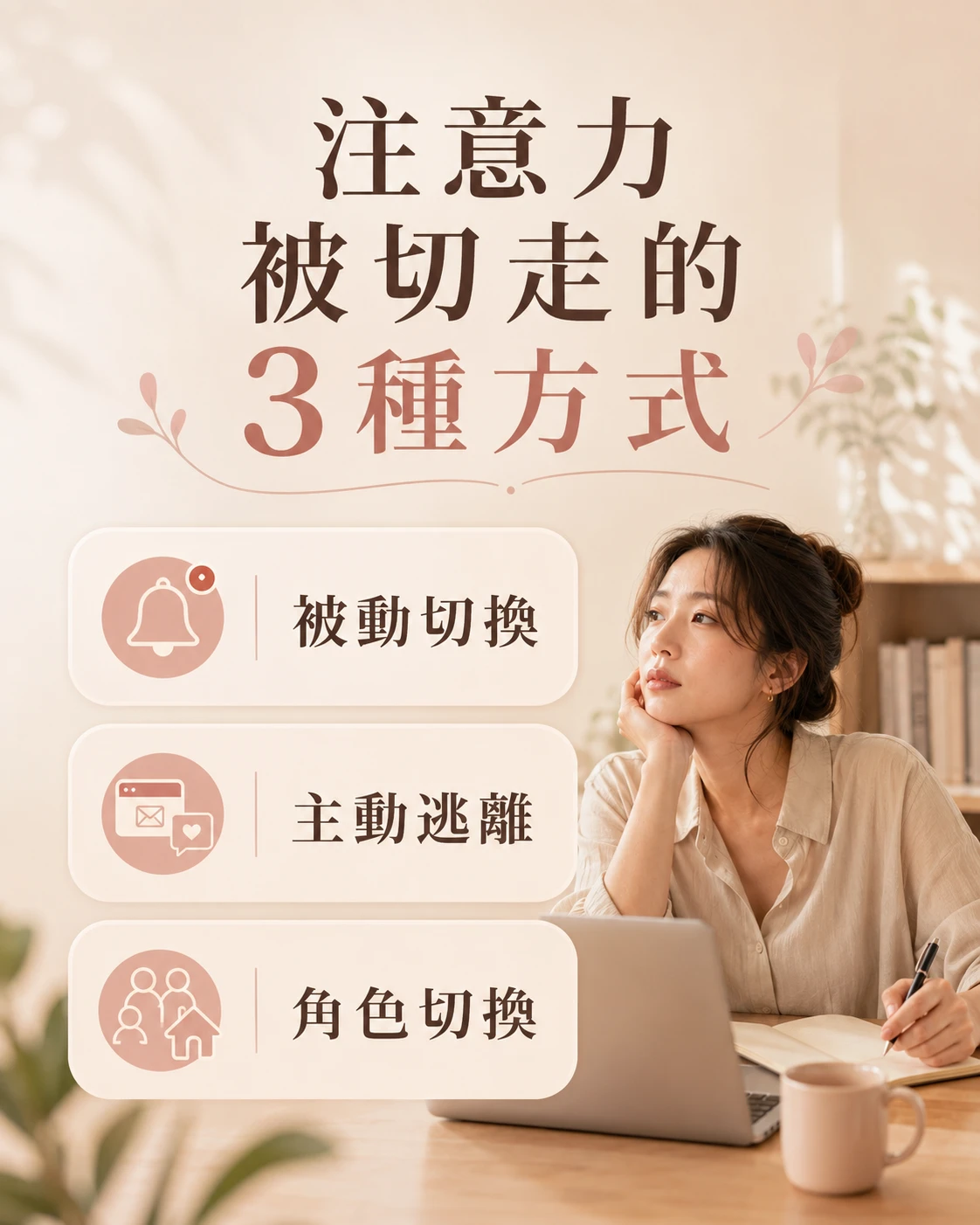 工作中被動切換、主動逃離與不同角色切換的注意力情境