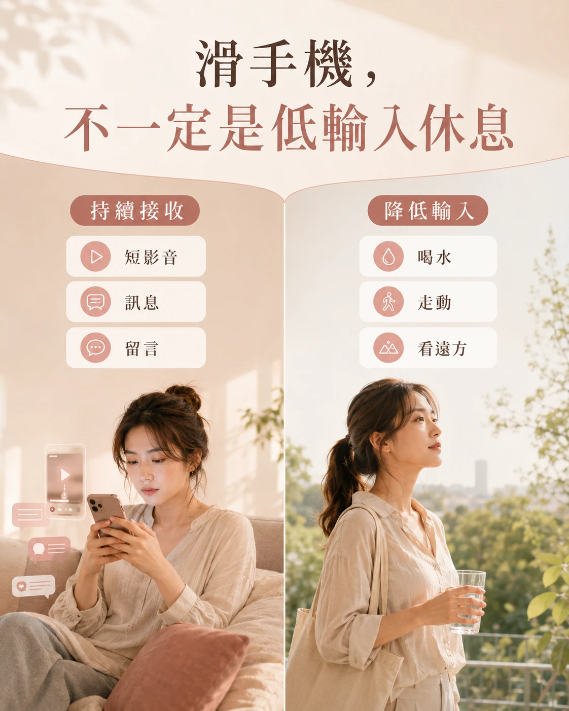 滑手機持續接受新資訊與低輸入休息方式的差異