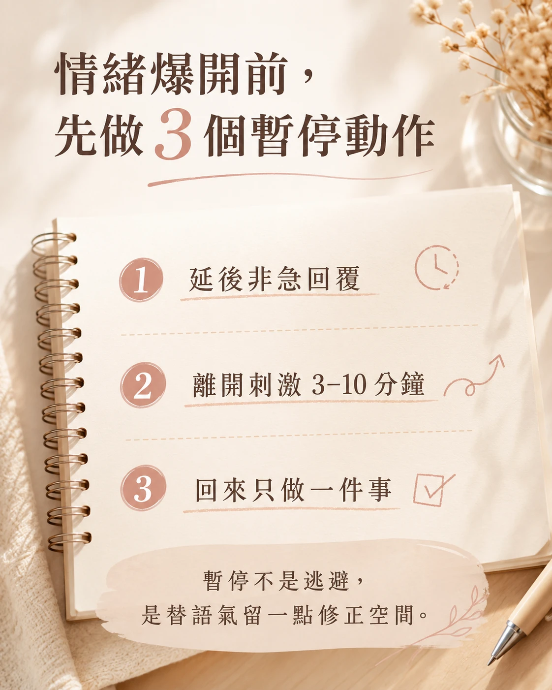 工作煩躁升高前先延後回覆、離開刺激三至十分鐘,再回來只處理一件必要工作