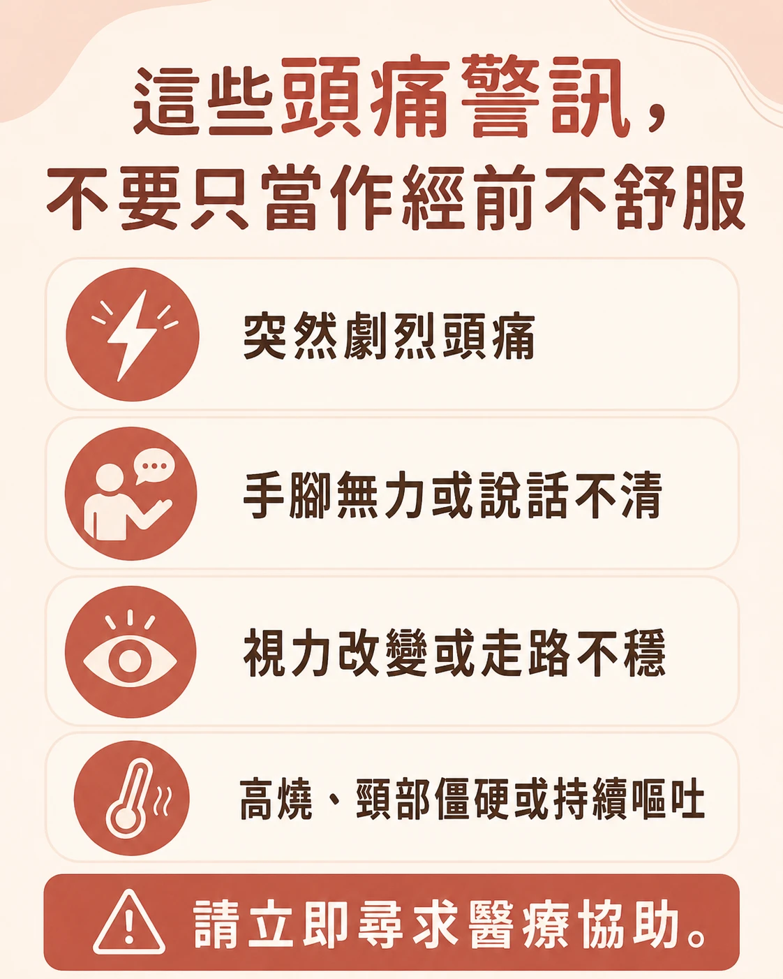 突發劇烈頭痛與神經症狀等需要儘快就醫的警訊