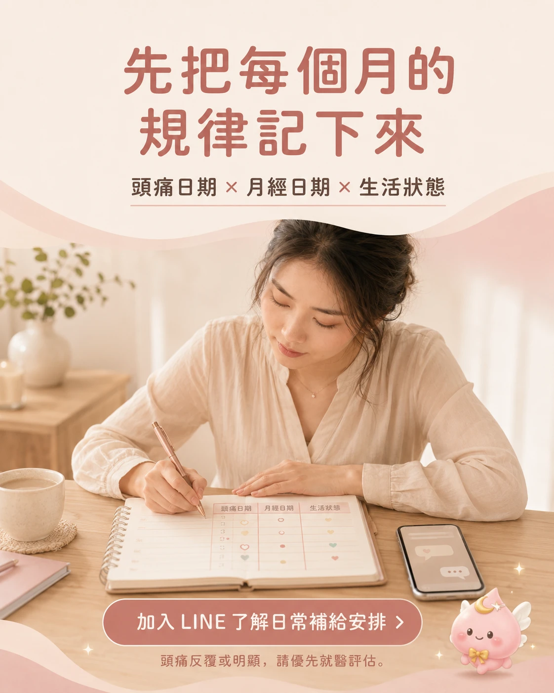 以頭痛日期、月經日期與生活狀態建立女性週期記錄