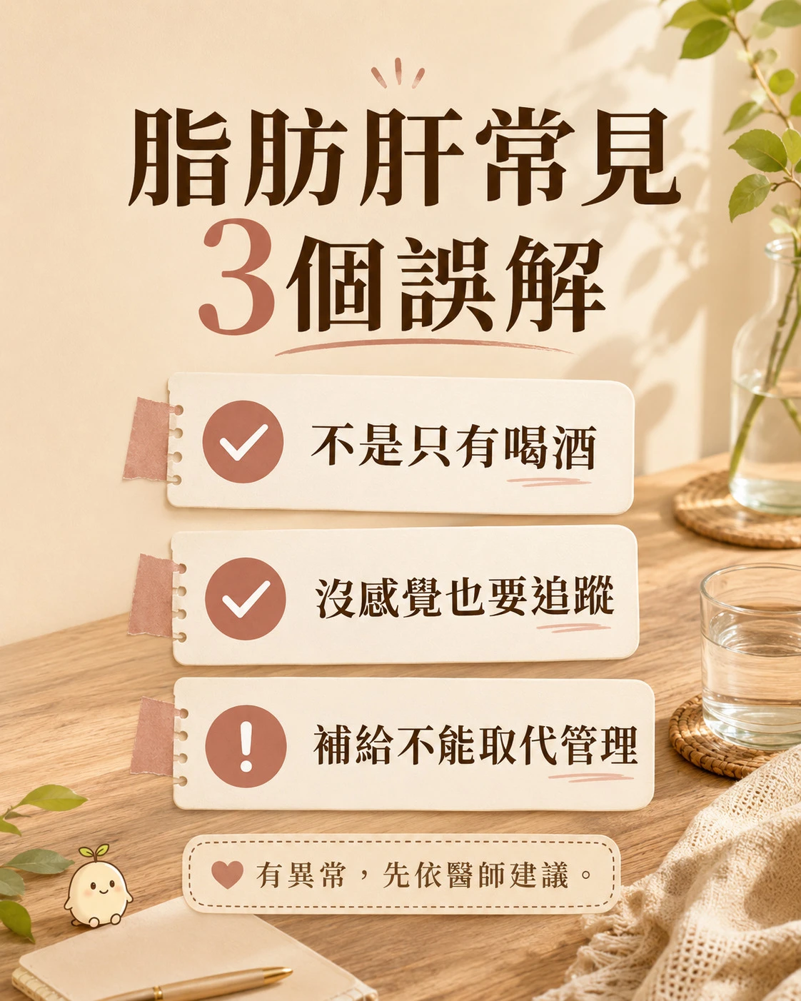 脂肪肝常見三個誤解與生活管理提醒，包含飲酒、追蹤與專業諮詢