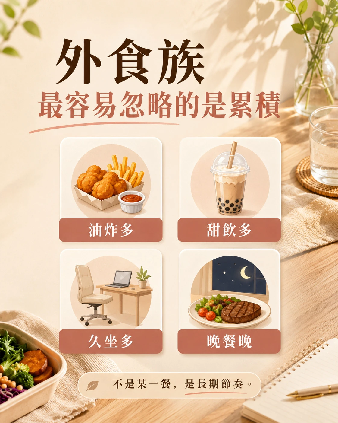 外食族常見油炸、甜飲、久坐與晚餐過晚等長期生活累積情境