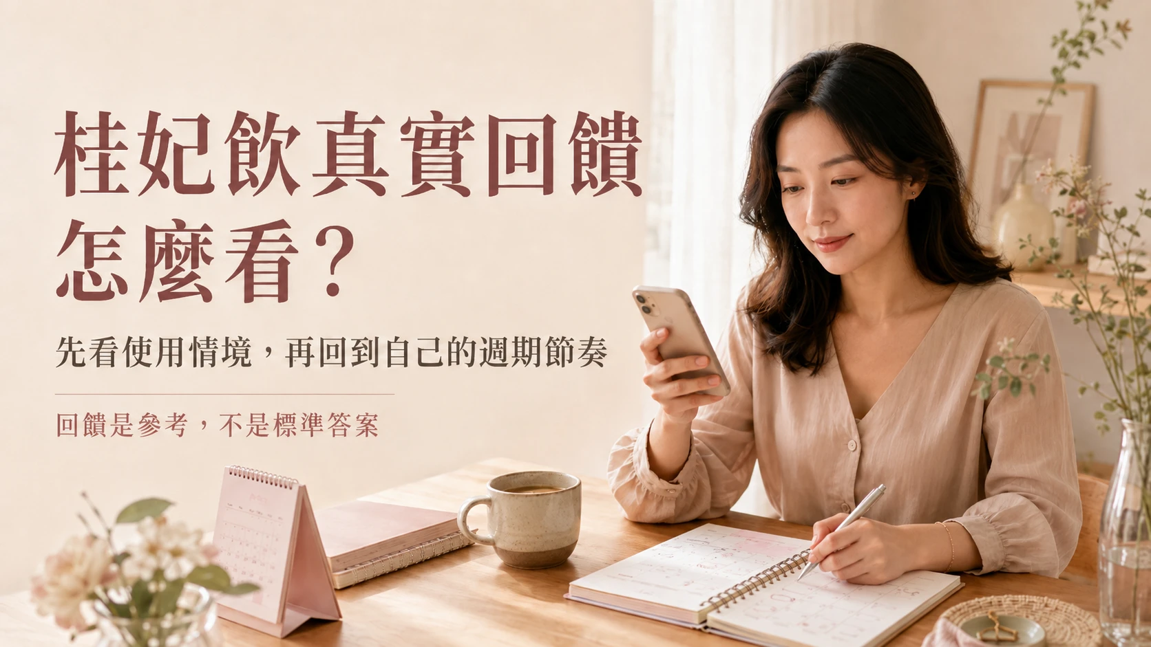 女性在自然光書桌前查看桂妃飲回饋，提醒先看使用情境再回到自己的週期節奏