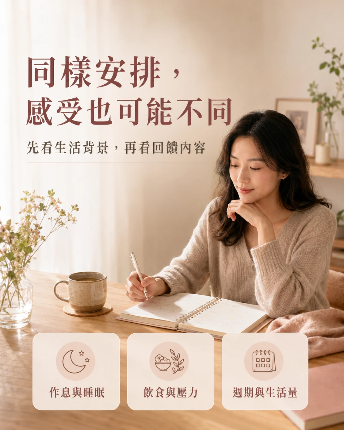作息睡眠、飲食壓力與週期生活量整理，說明每個人閱讀桂妃飲回饋時需考量生活背景