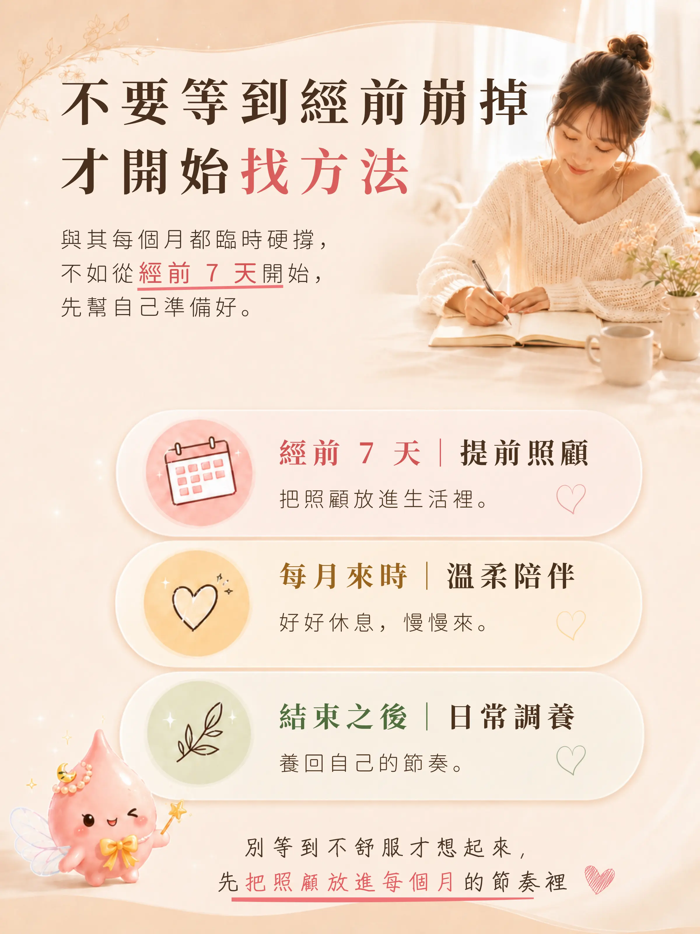 經前七天提前照顧、經期陪伴與結束後日常調養的女性週期安排